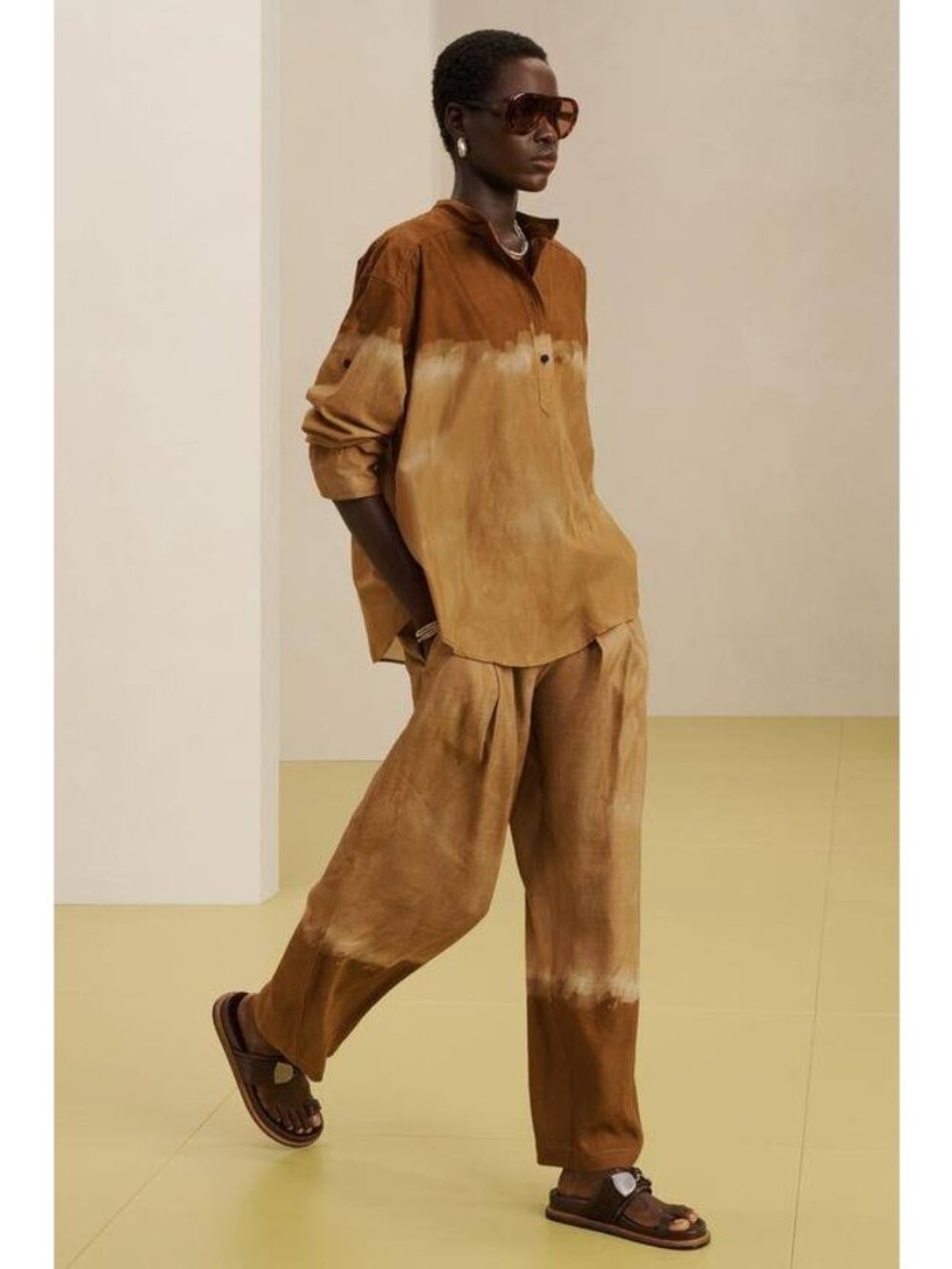 Zara SRPLS Trousers Womens Large Brown tie dye Wide Leg Linen Blend New Tags